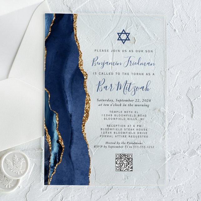 Invitations En Acrylique Bar Mitzvah Code QR Agate Or Navy (Créateur téléchargé)