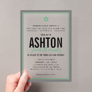 Invitations En Acrylique BAR MITZVAH moderne garçon étoile sportif vert gri