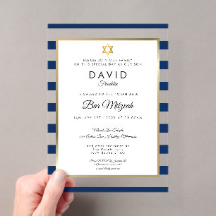 Invitations En Acrylique Bar Mitzvah Moderne Rayure Bleu Nuit Or