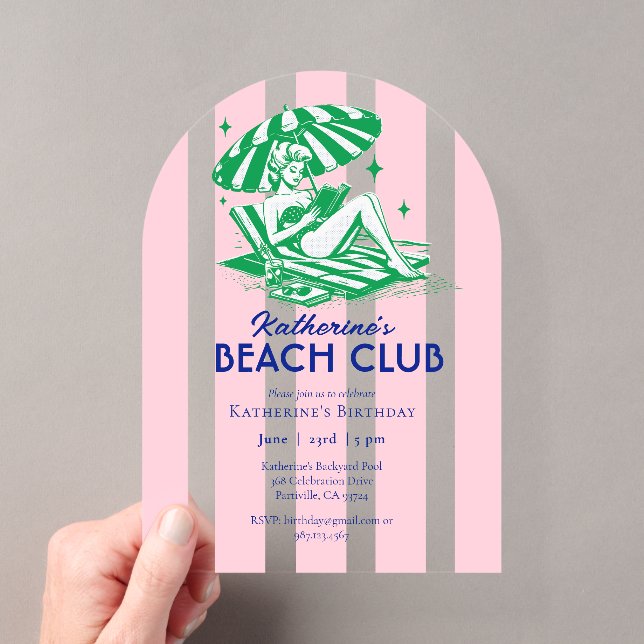 Invitations En Acrylique Beach Club Cabana Rose Fête d'Anniversaire (In situ (ordinateur de poche))