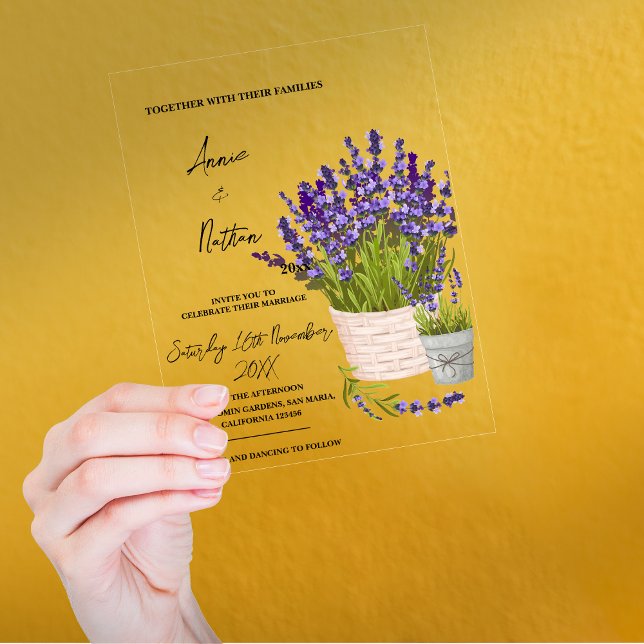 Invitations En Acrylique Beau Aquarelle Lavande Stations dans un Mariage de (Cute Watercolor Lavender Stems in a Basket Wedding Acrylic Invitations)