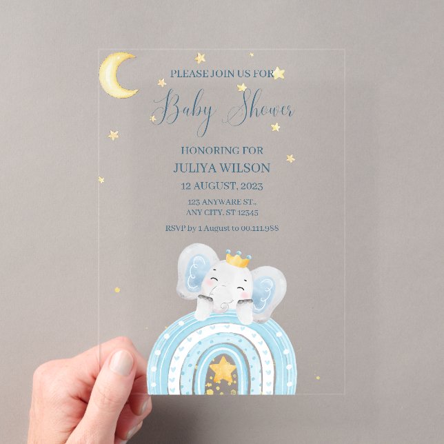 Invitations En Acrylique Beau baby shower bleu éléphant (In situ (ordinateur de poche))
