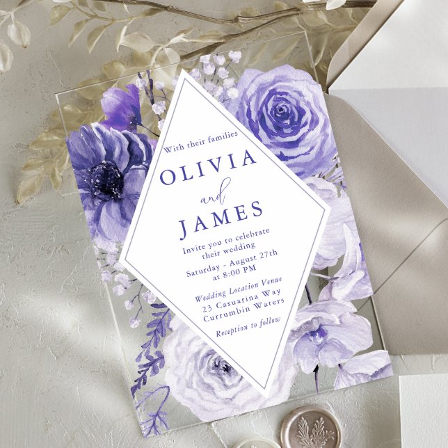Invitations En Acrylique Beau Mariage de cadre Floral Indigo (Créateur téléchargé)