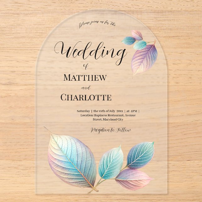 Invitations En Acrylique Beauté Ethérée Soft Tone Whimsical Feuilles Pastel (Recto)