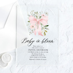 Invitations En Acrylique Bébé au ruban rose Baby Shower Florale