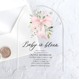 Invitations En Acrylique Bébé au ruban rose en fleurs pour Baby Shower fill