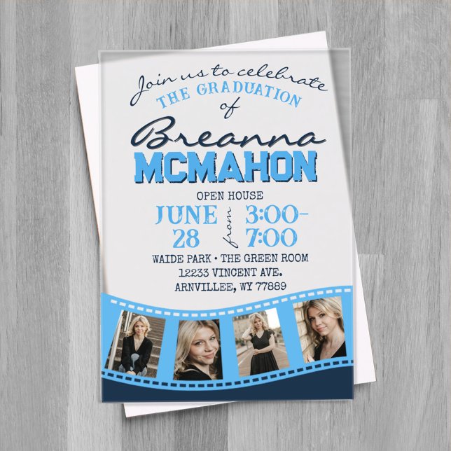 Invitations En Acrylique Bébé Bleu et Bleu de la Marine Graduation Frosted (Trendy Arched Graduation Photo Filmstrip Baby Blue & Navy Frosted Acrylic Invitations)