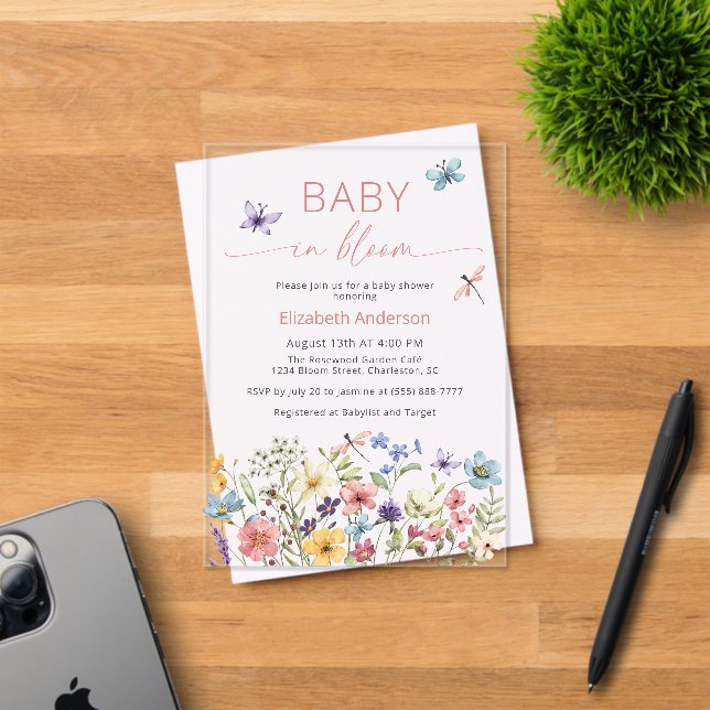 Invitations En Acrylique Bébé en Fleur Fleur sauvage de papillon Baby showe (Insitu (Carte d'invitation))