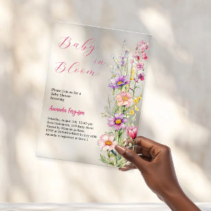 Invitations En Acrylique Bébé en fleur rose fleurie violet Baby shower clai