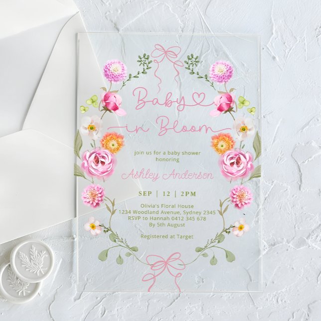 Invitations En Acrylique Bébé en fleurs Baby shower cou rose (Créateur téléchargé)