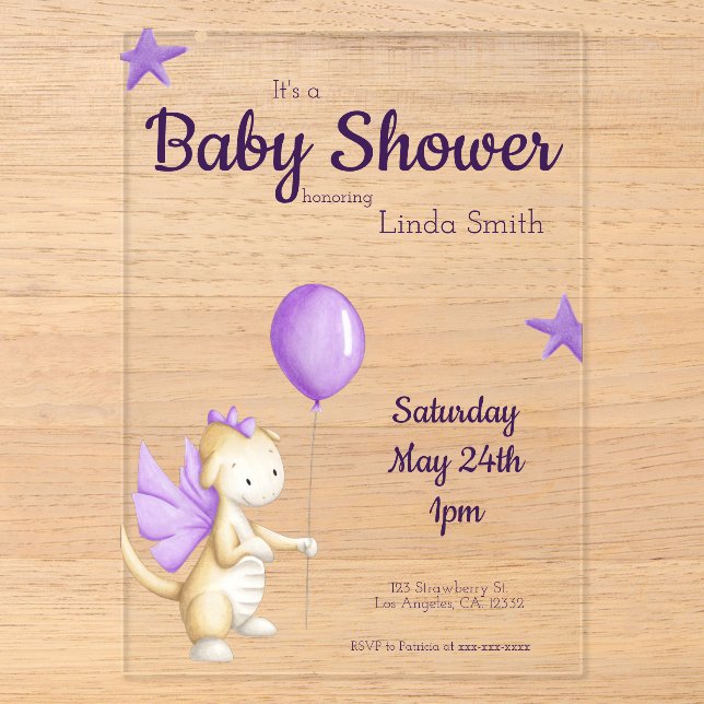 Invitations En Acrylique Bébé mignon Dragon Purple Girl Baby shower (Recto)