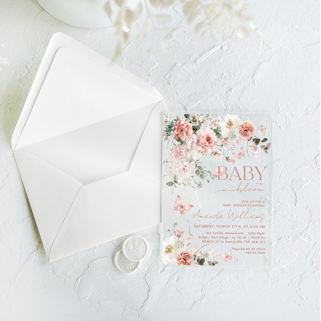 Invitations En Acrylique Bébé papillon en fleur Baby shower floral rose (Créateur téléchargé)