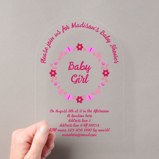 Invitations En Acrylique Bébé rose Baby shower papillons et fleurs (In situ (ordinateur de poche))