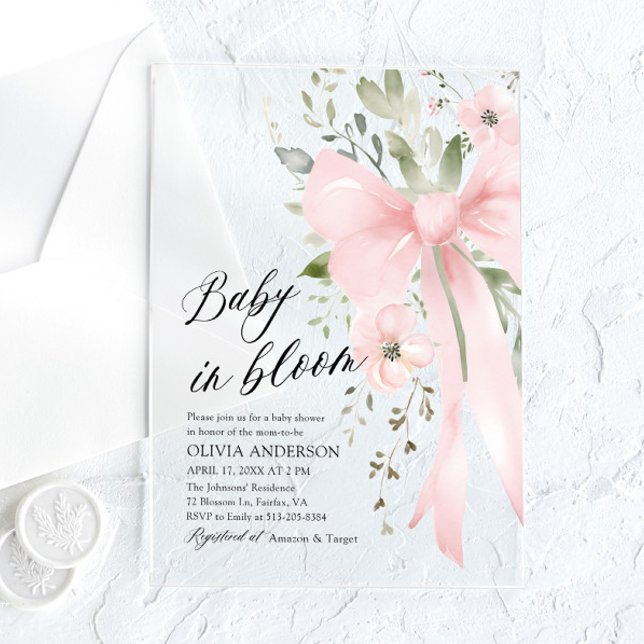 Invitations En Acrylique Bébé rose en fleur Baby shower floral fille (Créateur téléchargé)