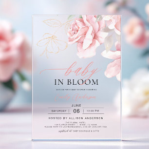 Invitations En Acrylique Bébé rose pâle en fleurs Douche florale fille