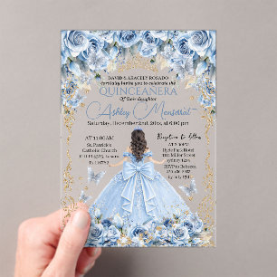 Invitations En Acrylique Bébé Royal Bleu Couronne d'Or Quinceañera
