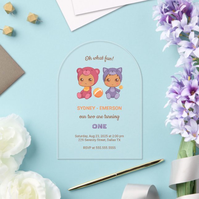 Invitations En Acrylique Bébé Twins Premier Anniversaire Chat Ours Transpar (Insitu (Mariage))