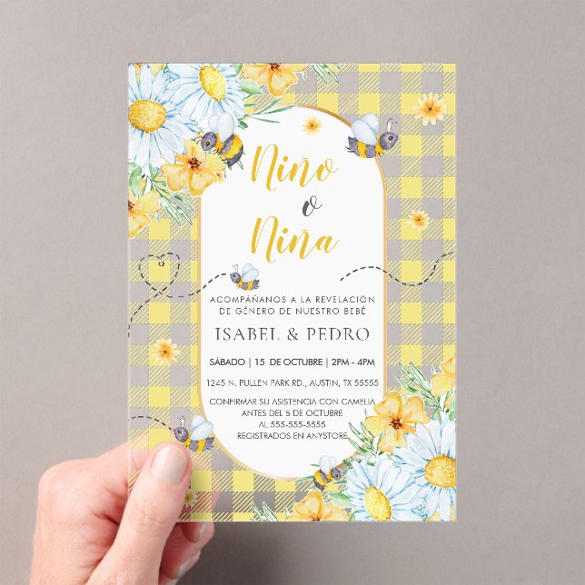 Invitations En Acrylique Bees & Fleurs blanches En vichy espagnol Genre Rev (In situ (ordinateur de poche))