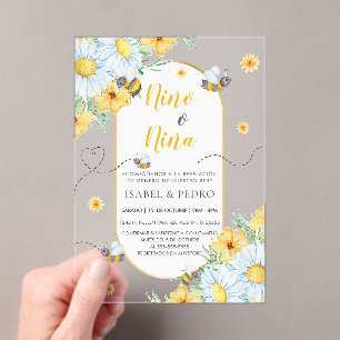 Invitations En Acrylique Bees & Fleurs blanches Révélation de genre espagno