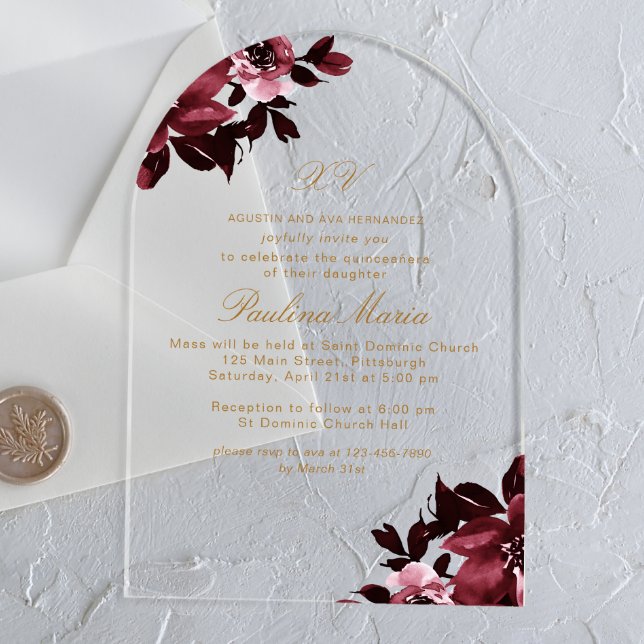 Invitations En Acrylique Belle Quinceañera Florale Bourgogne (Créateur téléchargé)