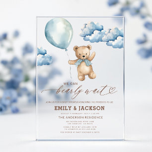 Invitations En Acrylique Bientôt un ours en beige et bleu pour un garçon -