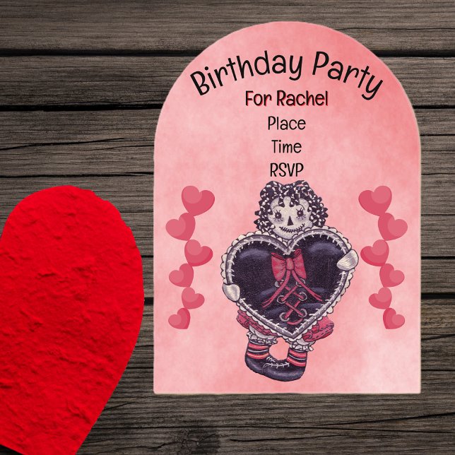 Invitations En Acrylique Birthday Gothic Rag Doll Black Heart Lace Pink (Gothic rag doll holding black heart with red bow rows red hearts on pink Birthday invitation.)