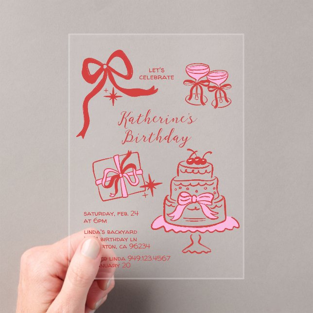 Invitations En Acrylique Birthday Party Hand Drawn Red Pink Scribble  (In situ (ordinateur de poche))