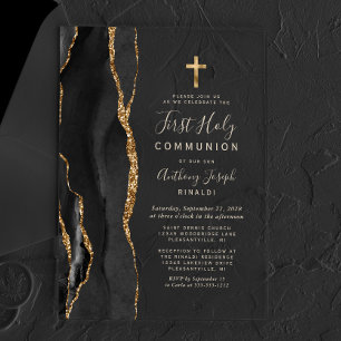Invitations En Acrylique Black Agate Gold Texte Première Sainte Communion