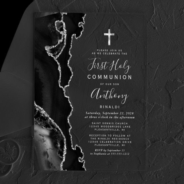 Invitations En Acrylique Black Agate Silver Grey Texte Première Sainte Comm (Créateur téléchargé)