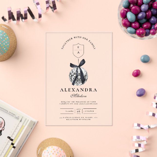 Invitations En Acrylique Black Bow Disco Ball Party (Insitu (Célébration))