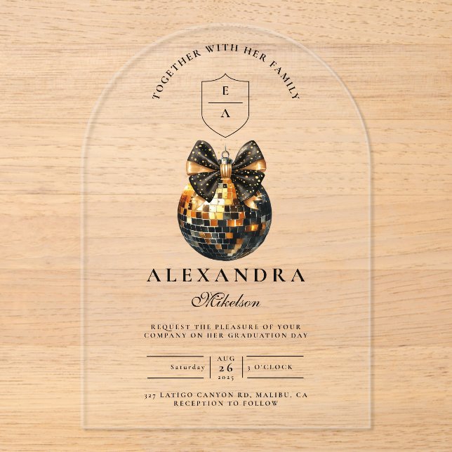 Invitations En Acrylique Black Bow Disco Ball Party (Recto)