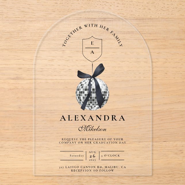 Invitations En Acrylique Black Bow Disco Ball Party (Recto)