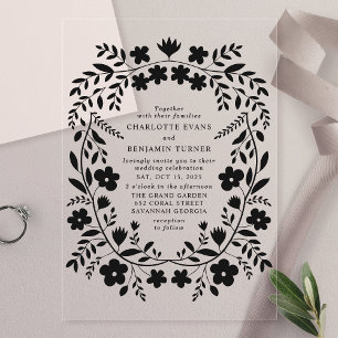 Invitations En Acrylique Black Folk Art Floral Mariage