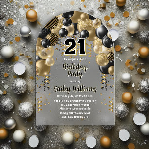 Invitations En Acrylique Black Gold Balloons 21e fête d'anniversaire