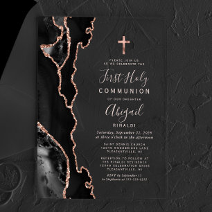 Invitations En Acrylique Black Rose Gold Agate Première Communion sainte