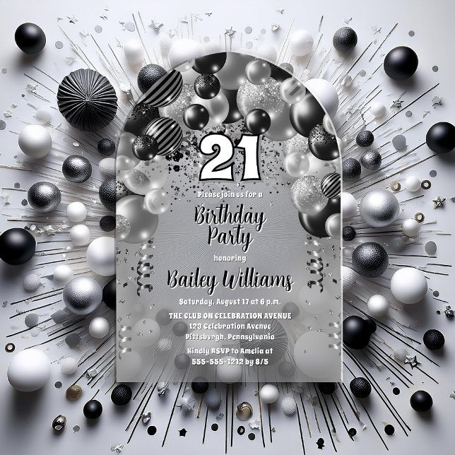 Invitations En Acrylique Black Silver Balloons 21ème anniversaire (Black | Silver Tone Celebration Balloons "21" 21st Birthday Party Acrylic Invitation)