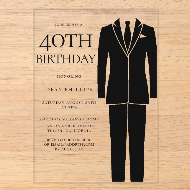Invitations En Acrylique Black Suit & Cravate Mens 40e fête d'anniversaire (Recto)