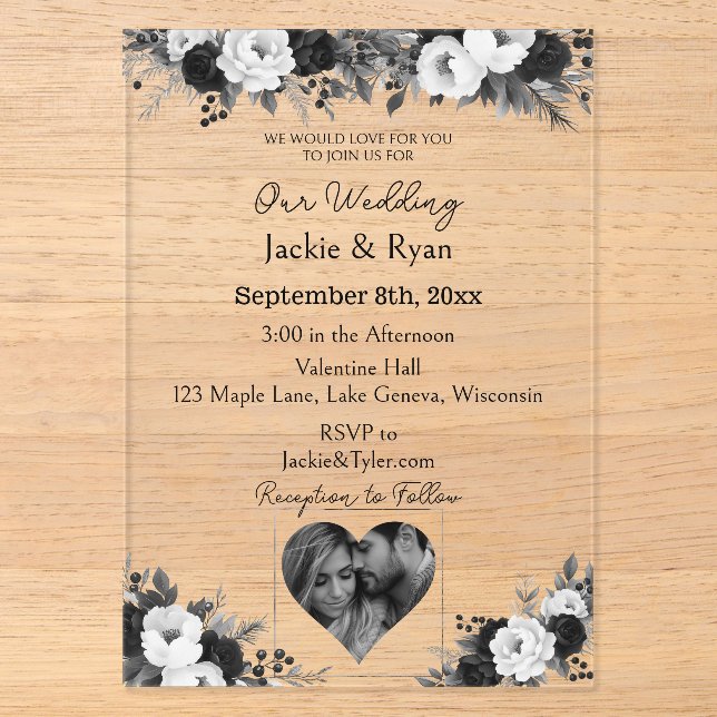 Invitations En Acrylique Black & White Photo Template Botanical Translucent (Recto)