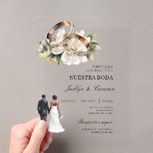 Invitations En Acrylique Blanc Floral avec alliance Mariage Espagnol