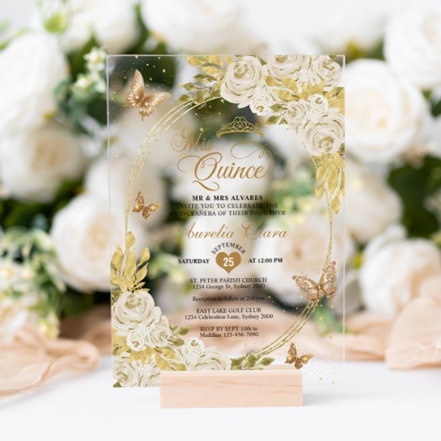 Invitations En Acrylique Blanc Floral Or Tiara Butterfly Mis Quinceañera (Créateur téléchargé)