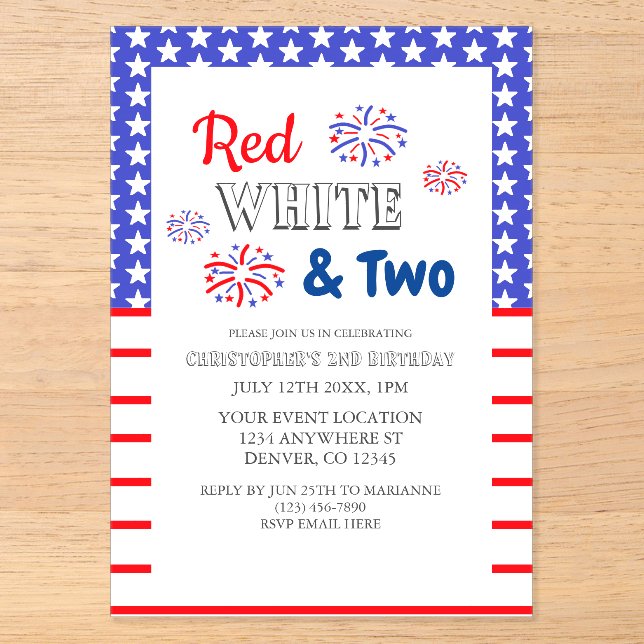 Invitations En Acrylique Blanc rouge et deux 2e anniversaire (Recto)