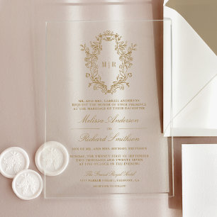 Invitations En Acrylique Blason de mariage monogramme chinoiserie dorée