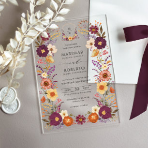 Invitations En Acrylique Blason de monogramme de mariage à l'aquarelle flor