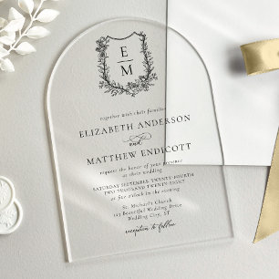 Invitations En Acrylique Blason de monogramme floral élégant pour arche de 