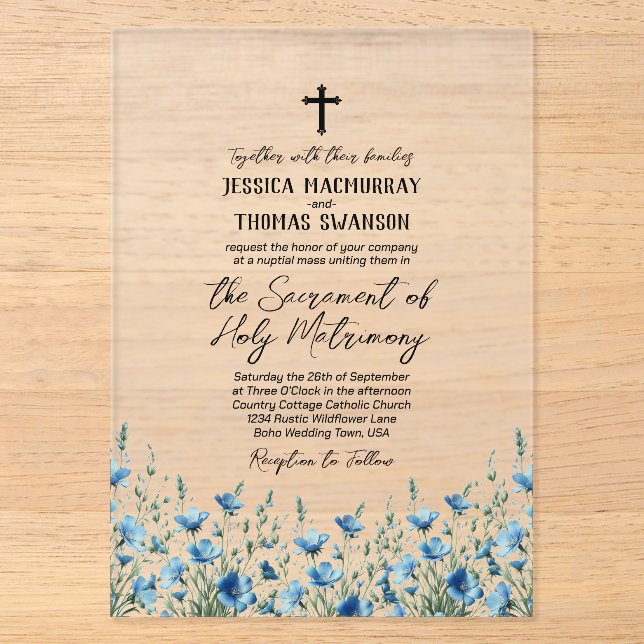 Invitations En Acrylique Bleu Boho Fleur sauvage Moderne Mariage catholique (Recto)