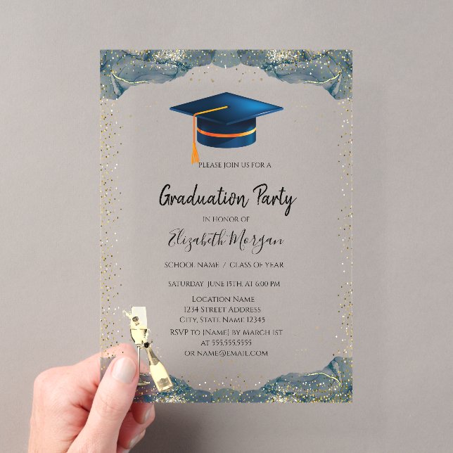 Invitations En Acrylique Bleu Casquette, Vin Verre Confetti Graduation (In situ (ordinateur de poche))