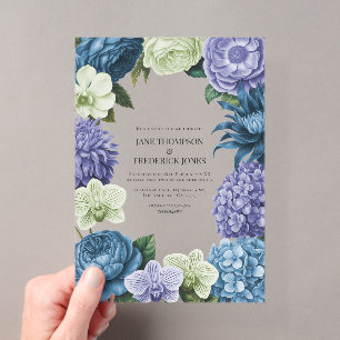 Invitations En Acrylique Bleu céleste, indigo givré et galet argenté