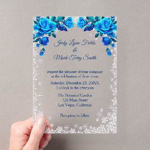 Invitations En Acrylique Bleu clair Roses Flocon de neige Noël