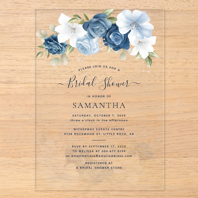 Invitations En Acrylique Bleu Dusty Fête des mariées de feuillage (Recto)