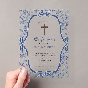 Invitations En Acrylique Bleu élégant Toile de jouy baptême